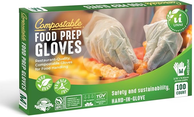 compostable food grade gloves, eco-friendly, safe, non-toxic.