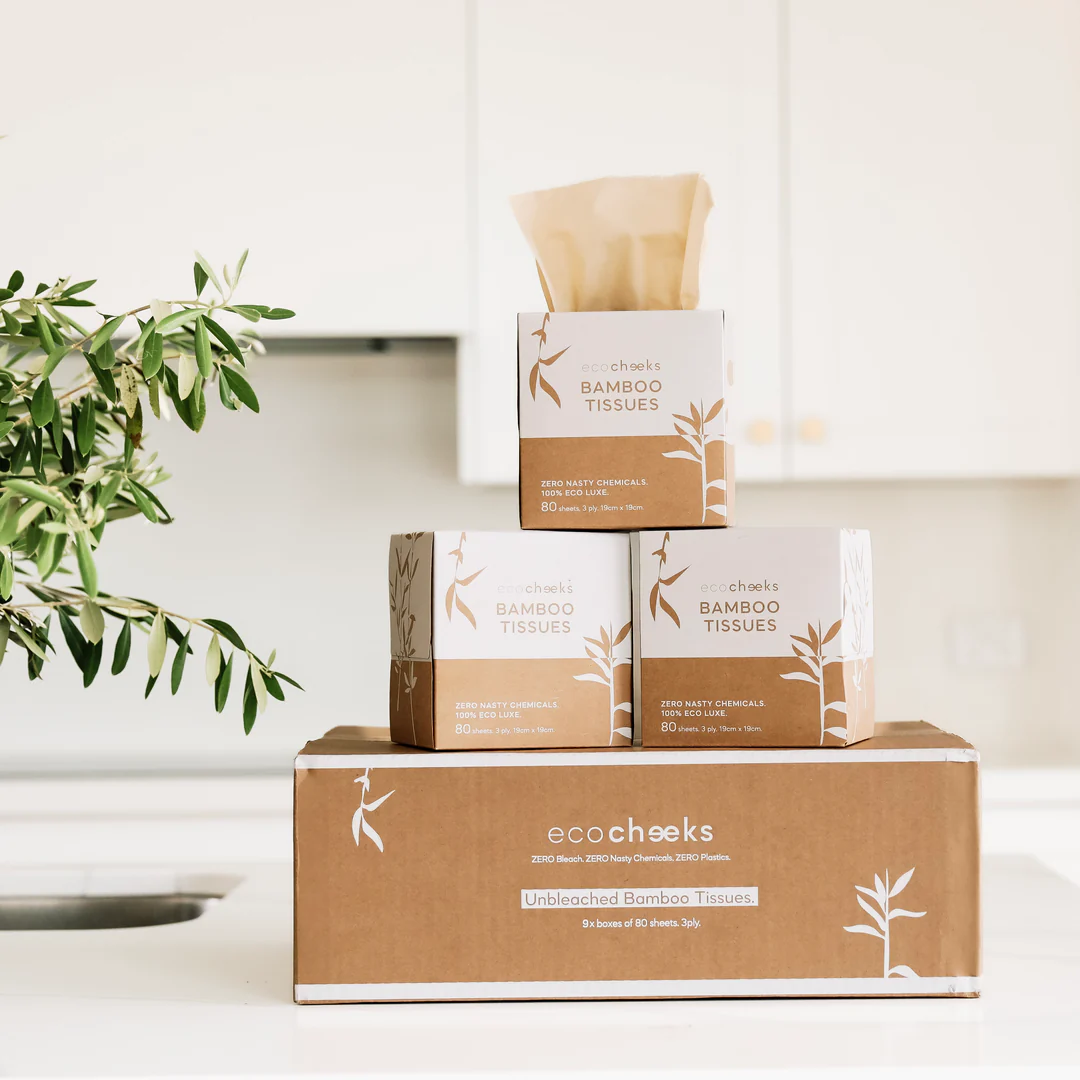 Eco Cheeks organic, unbleached bamboo tissue, plastic-free