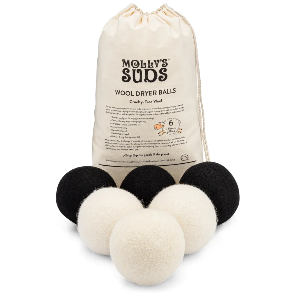 Molly Suds Organic wool Dryer balls, black dryer balls