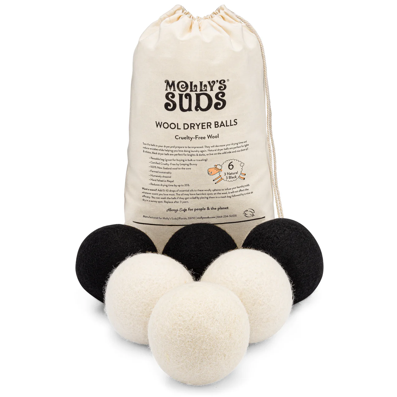 Molly Suds Organic wool Dryer balls, black dryer balls