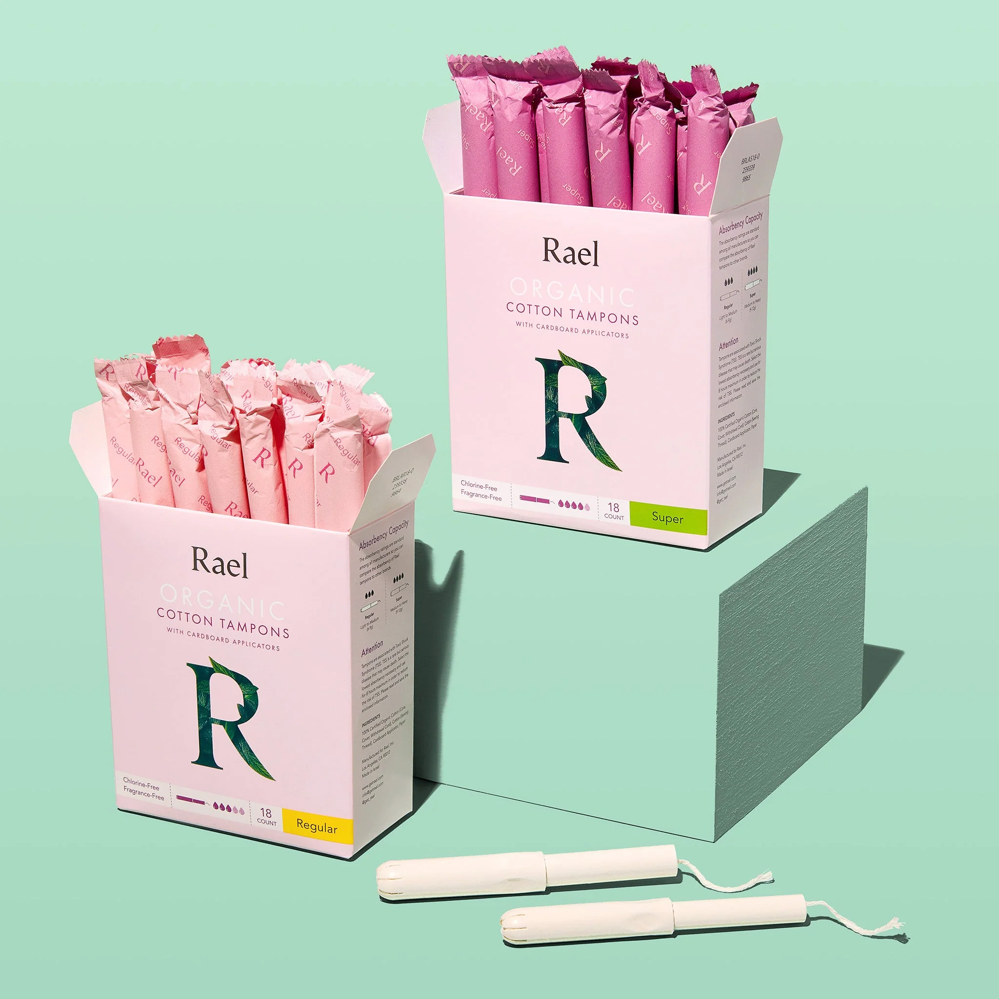 Rael Certified Organic Tampons, no PFAS, Titanium Dioxide-free tampons, tampax