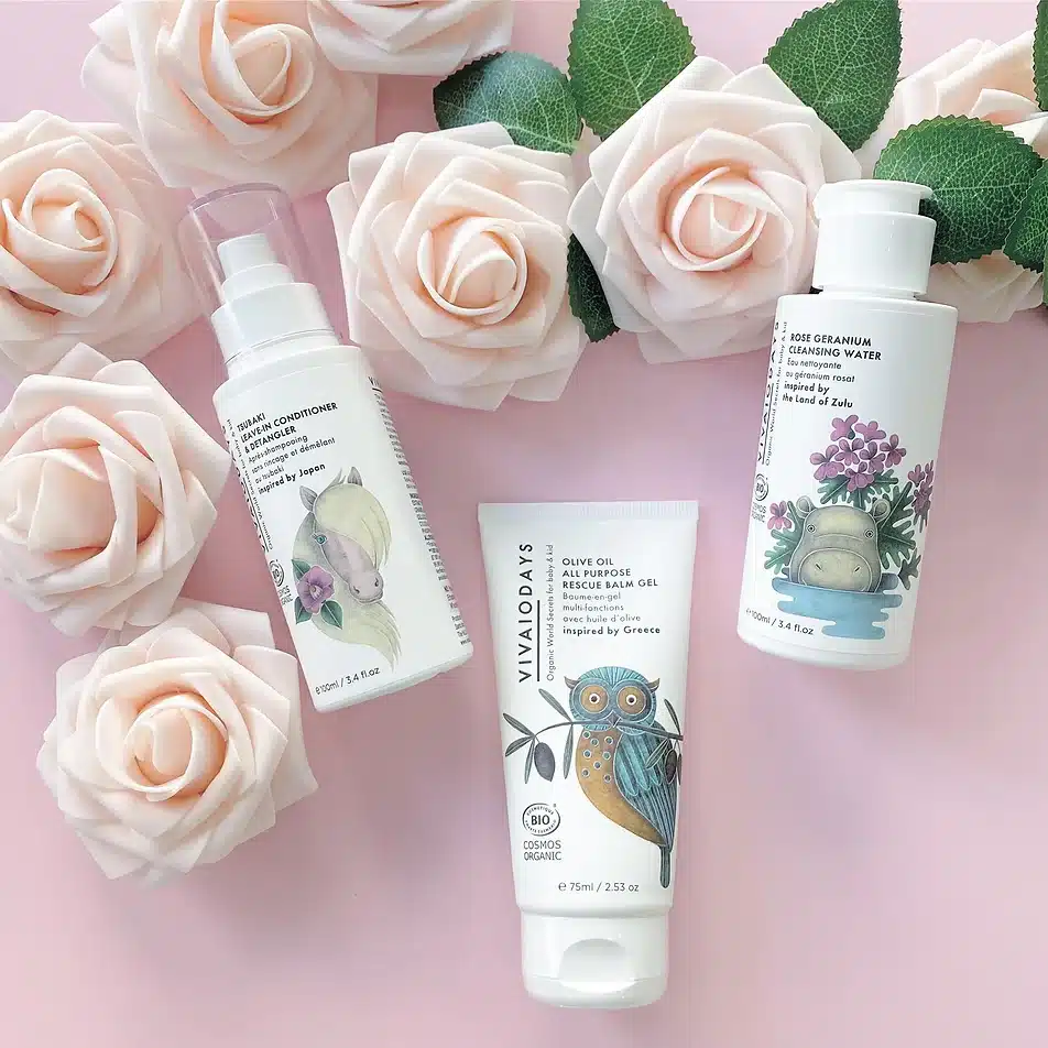 Vivaiodays certified organic baby skincare, pink, roses, organic baby conditioner, balm, cleansing water