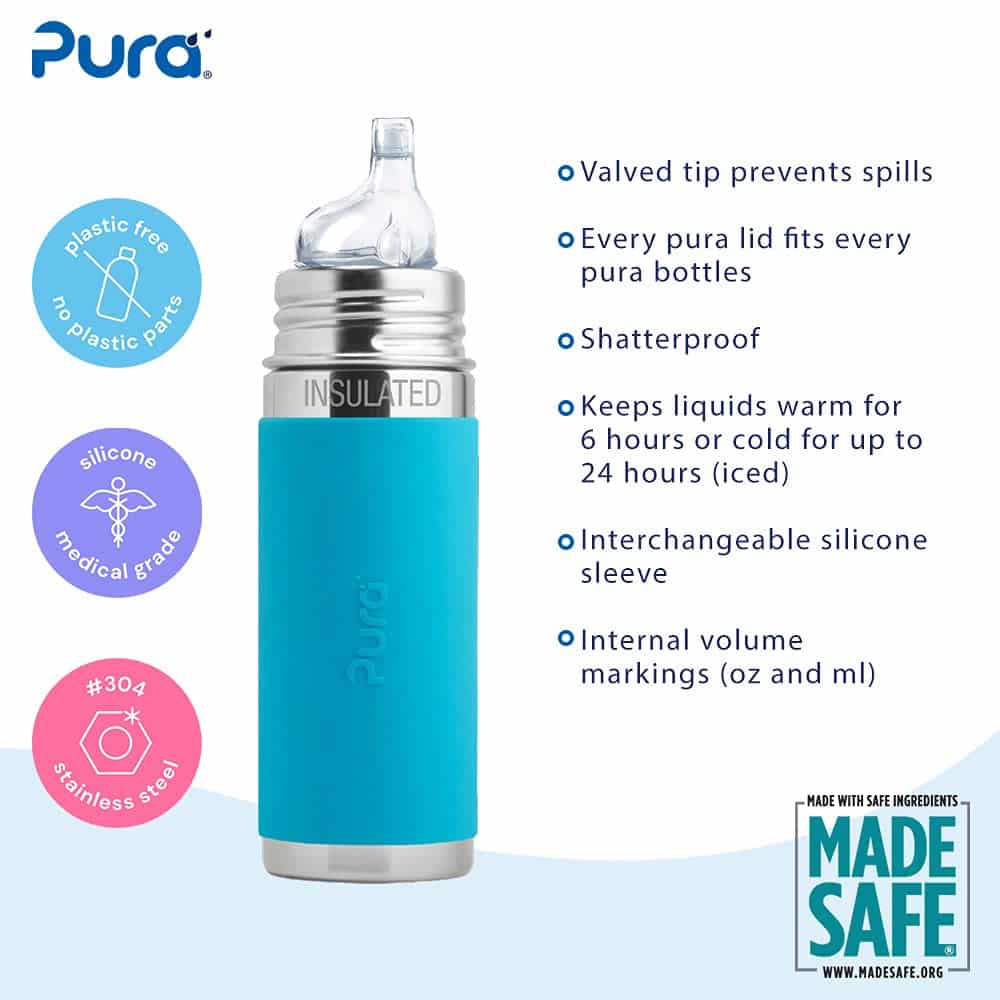 Pura THE ONLY 100% PLASTIC FREE AND MADESAFE CERTIFIED BOTTLES ON THE PLANET: Dishwasher safe, food grade #304 (18/8) stainless steel and medical grade silicone
