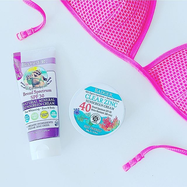 pink bra, pink bathing suit top, zinc oxide, Badger sunscreen organic sunblock