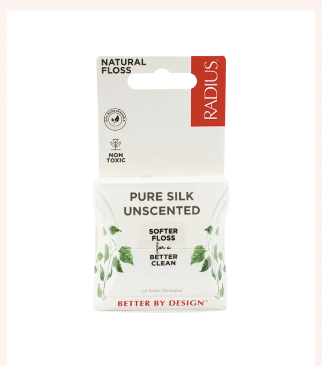plastic-free, polyester fibers-free, 100% biodegradable, 100% toxin-free, silk floss, pure silk unscented radius floss