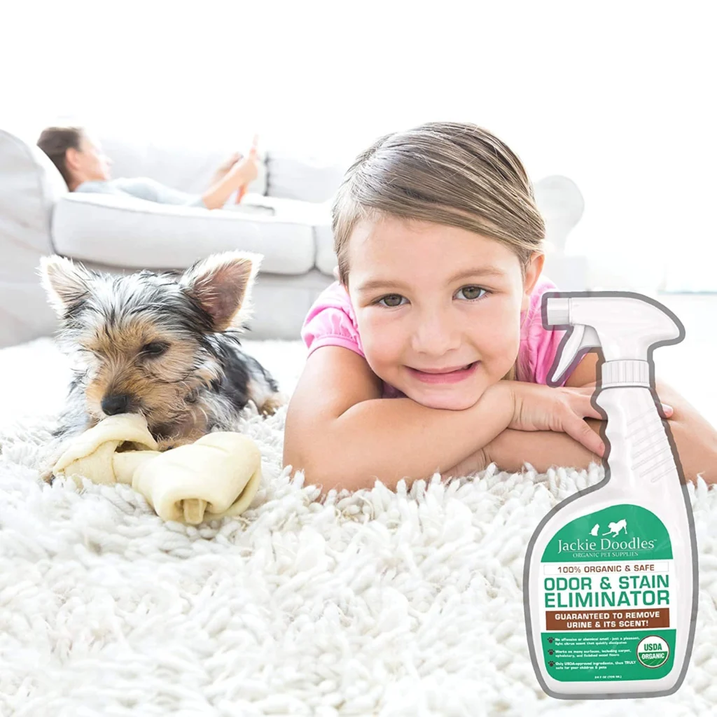 USDA Certified organic pet stain, odor remover, pets safe, non-toxic, natural, pure, safe, pee, poop, smell, carpet, indoor, urine