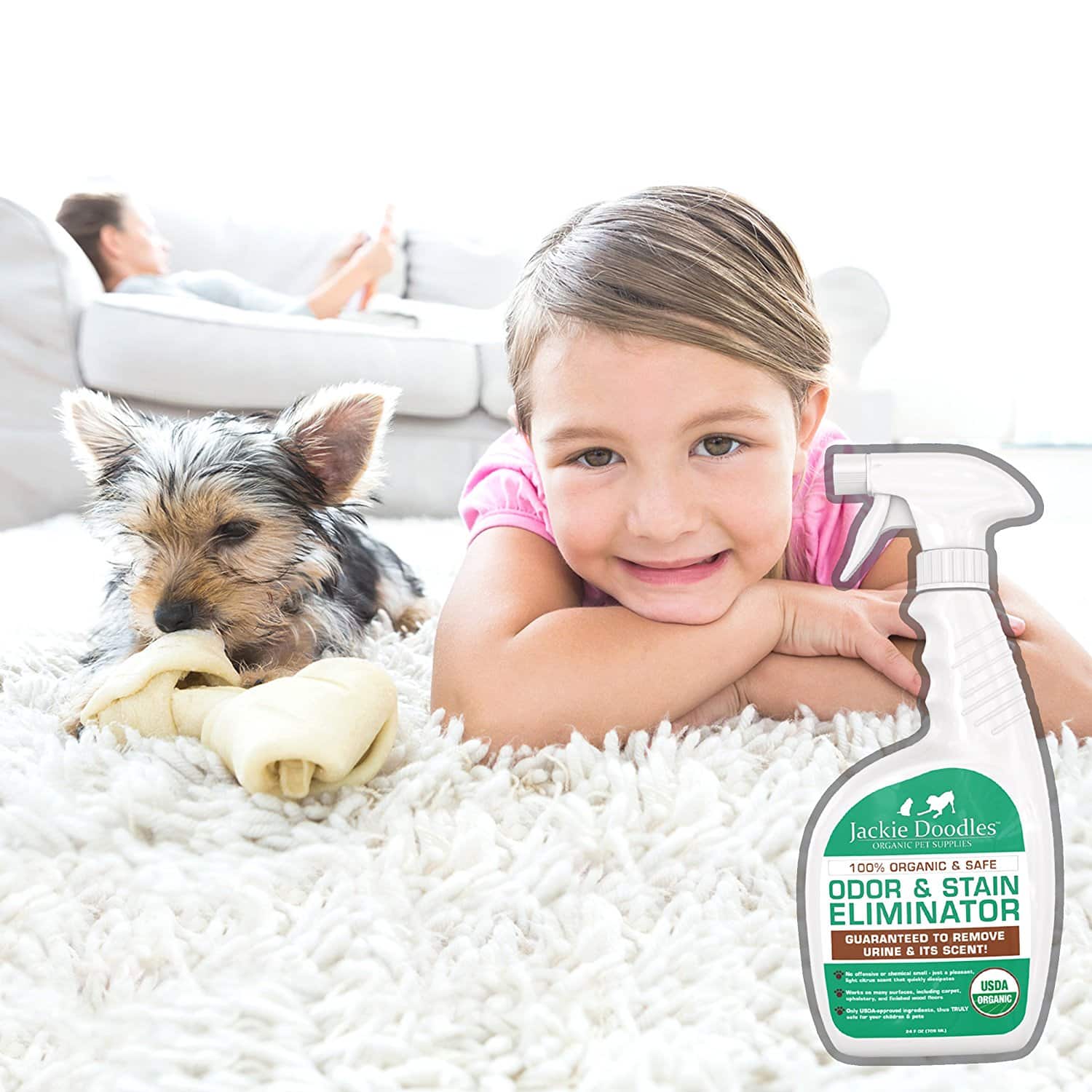 USDA Certified organic pet stain, odor remover, pets safe, non-toxic, natural, pure, safe, pee, poop, smell, carpet, indoor, urine