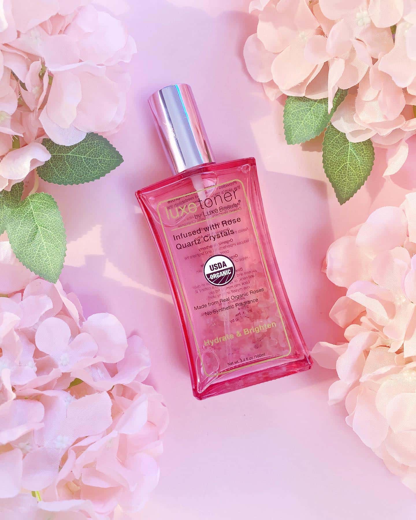 Luxe Beauty USDA certified organic rosewater pink toner with quarts