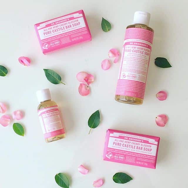 Dr. Bronner’s Cherry Blossom, to clean hair brush Soap is her