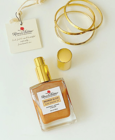Certified organic makeup, reves de sabine bronze glow, organic shimmer, organic body oil, organic tan products, organic tanner, organic body shimmer oil