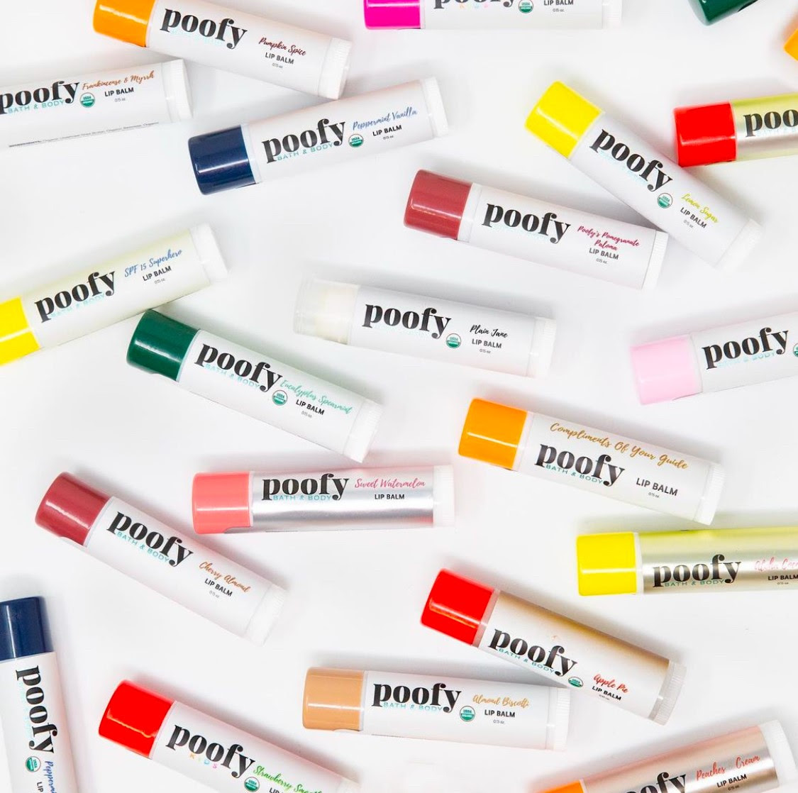 Poofy Organics lip balms, USDA Certified organic lip balms