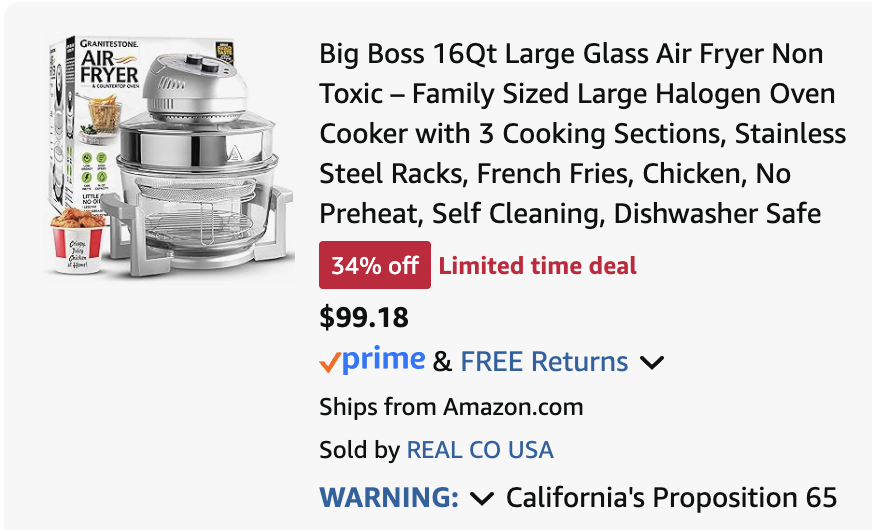 Big Boss 16Qt Large Glass Air Fryer